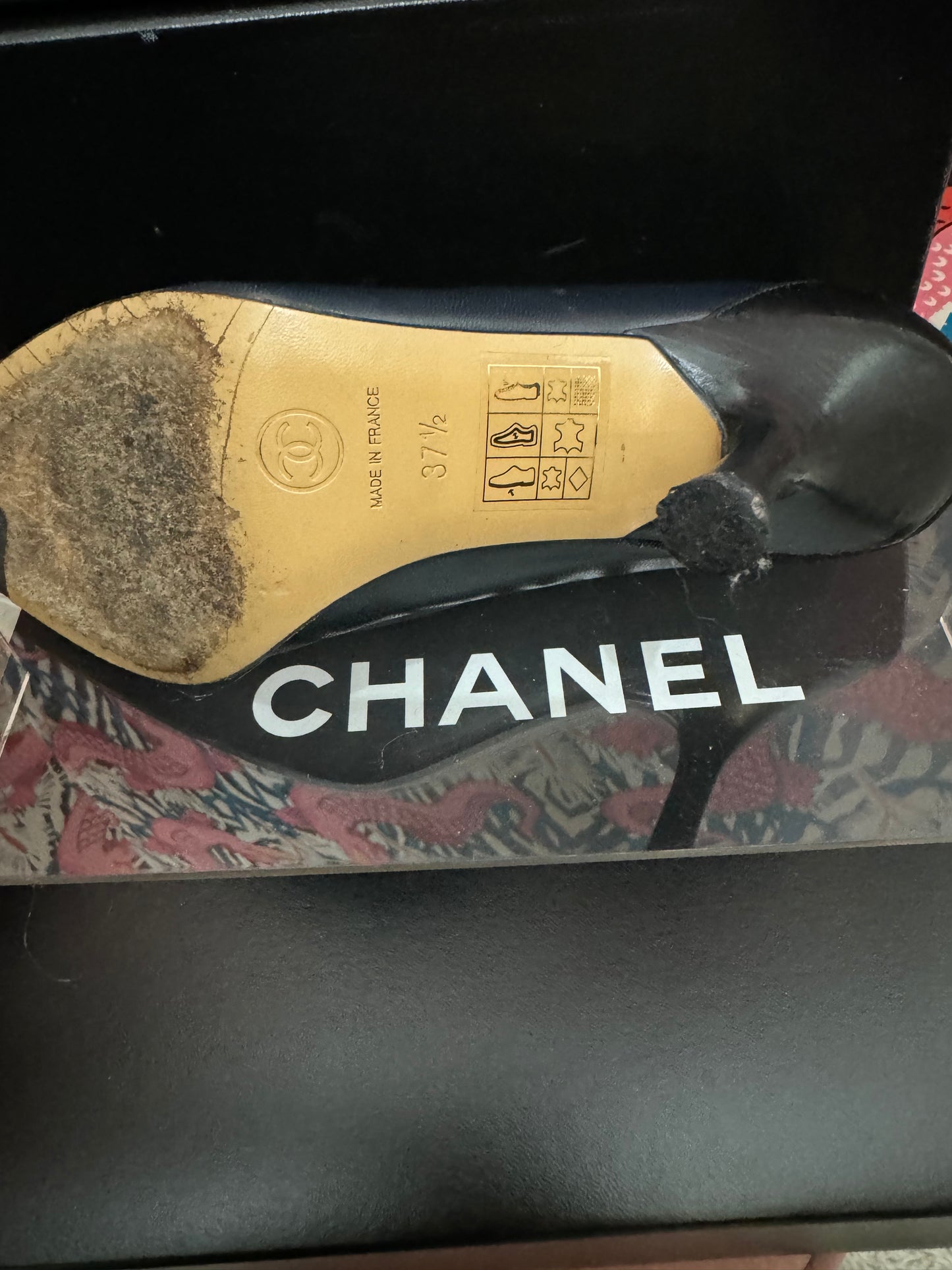CHANEL Blue and Black Velvet Tip Heels