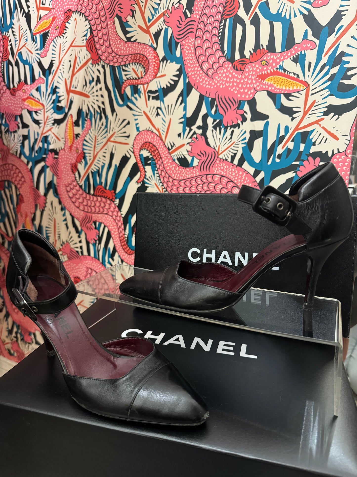 CHANEL Leather Buckle Strap Pumps