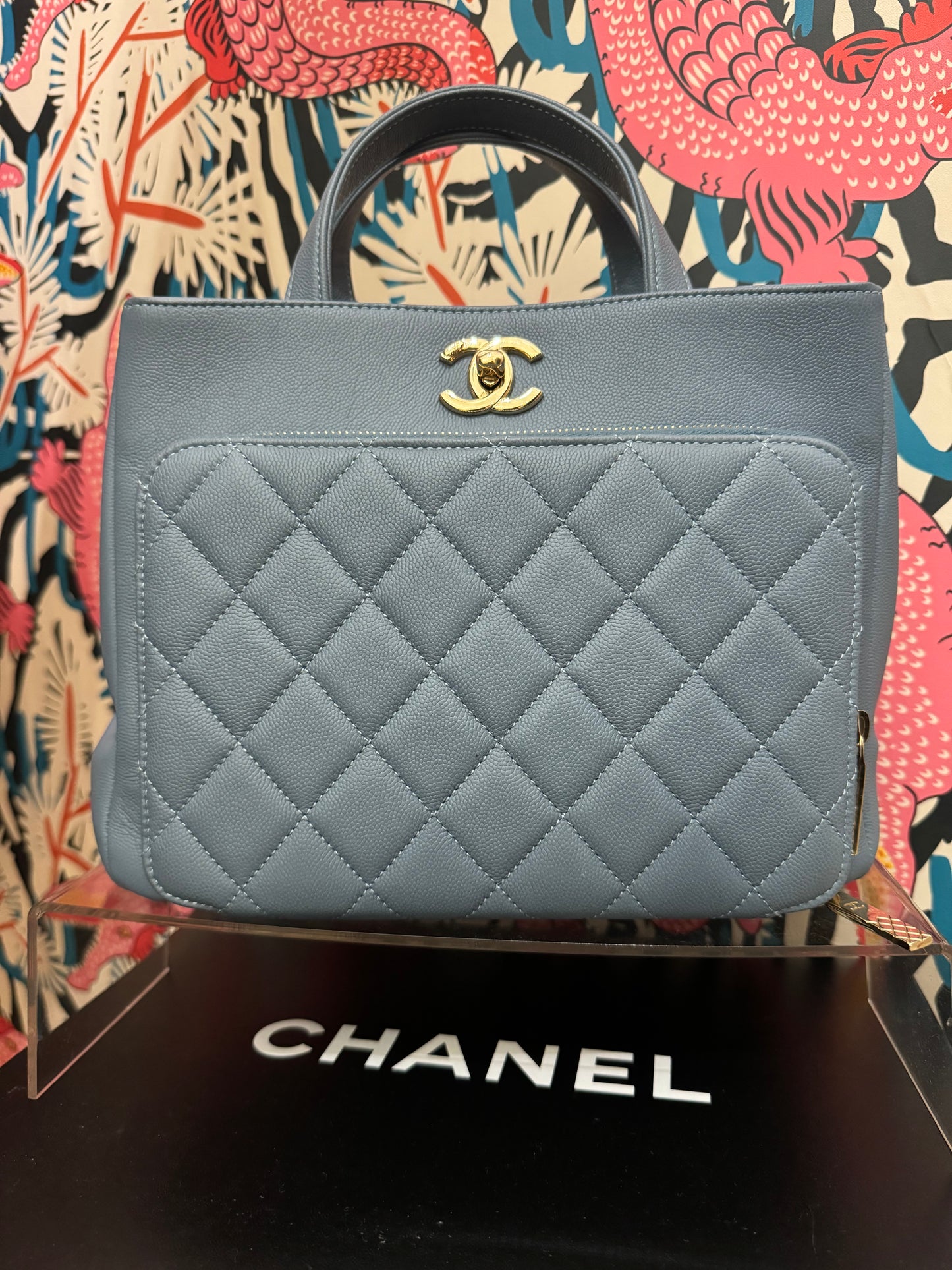 New CHANEL Quilted Business Affinity Baby Blue Caviar Tote Shoulder Bag