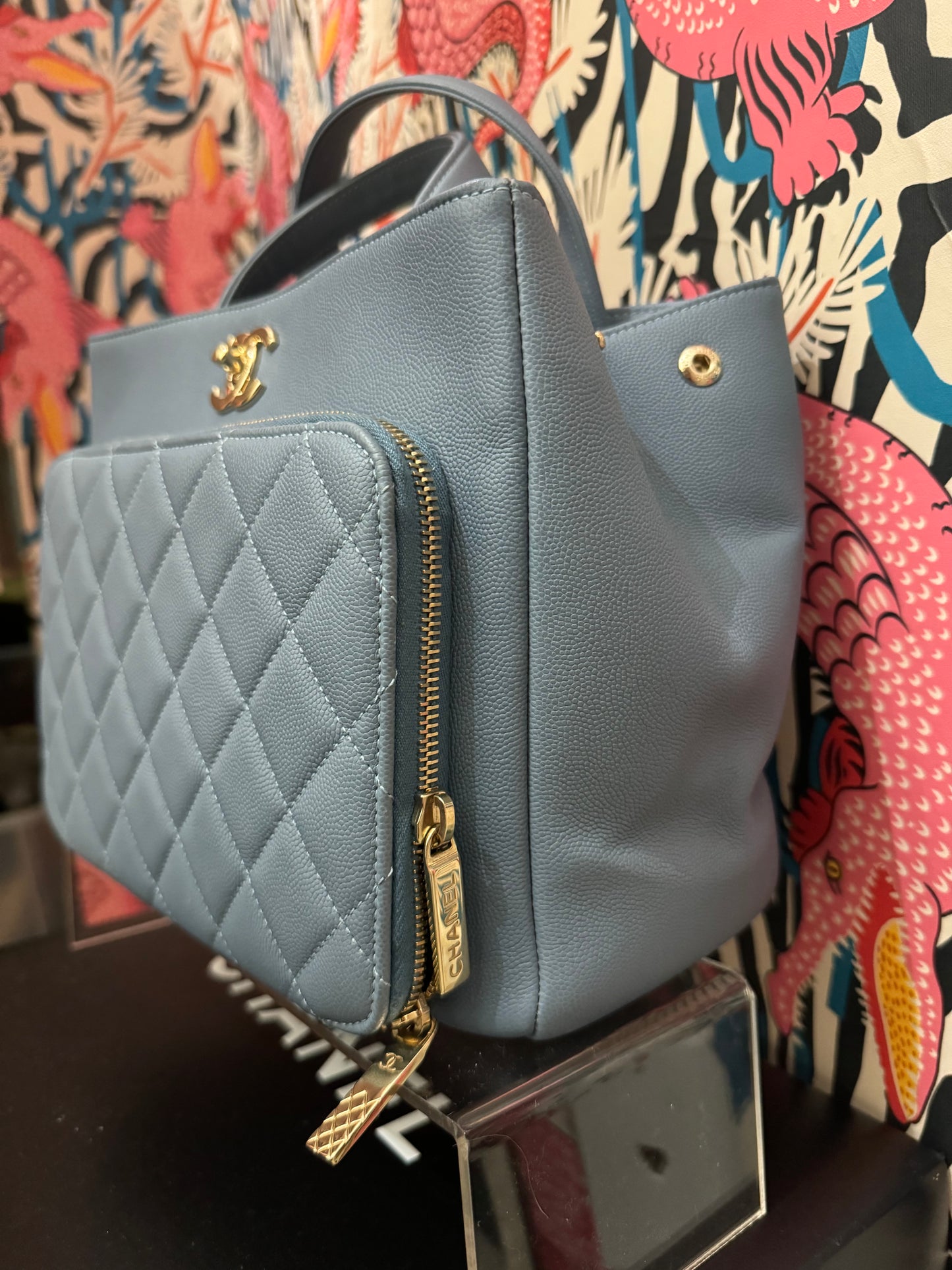 New CHANEL Quilted Business Affinity Baby Blue Caviar Tote Shoulder Bag