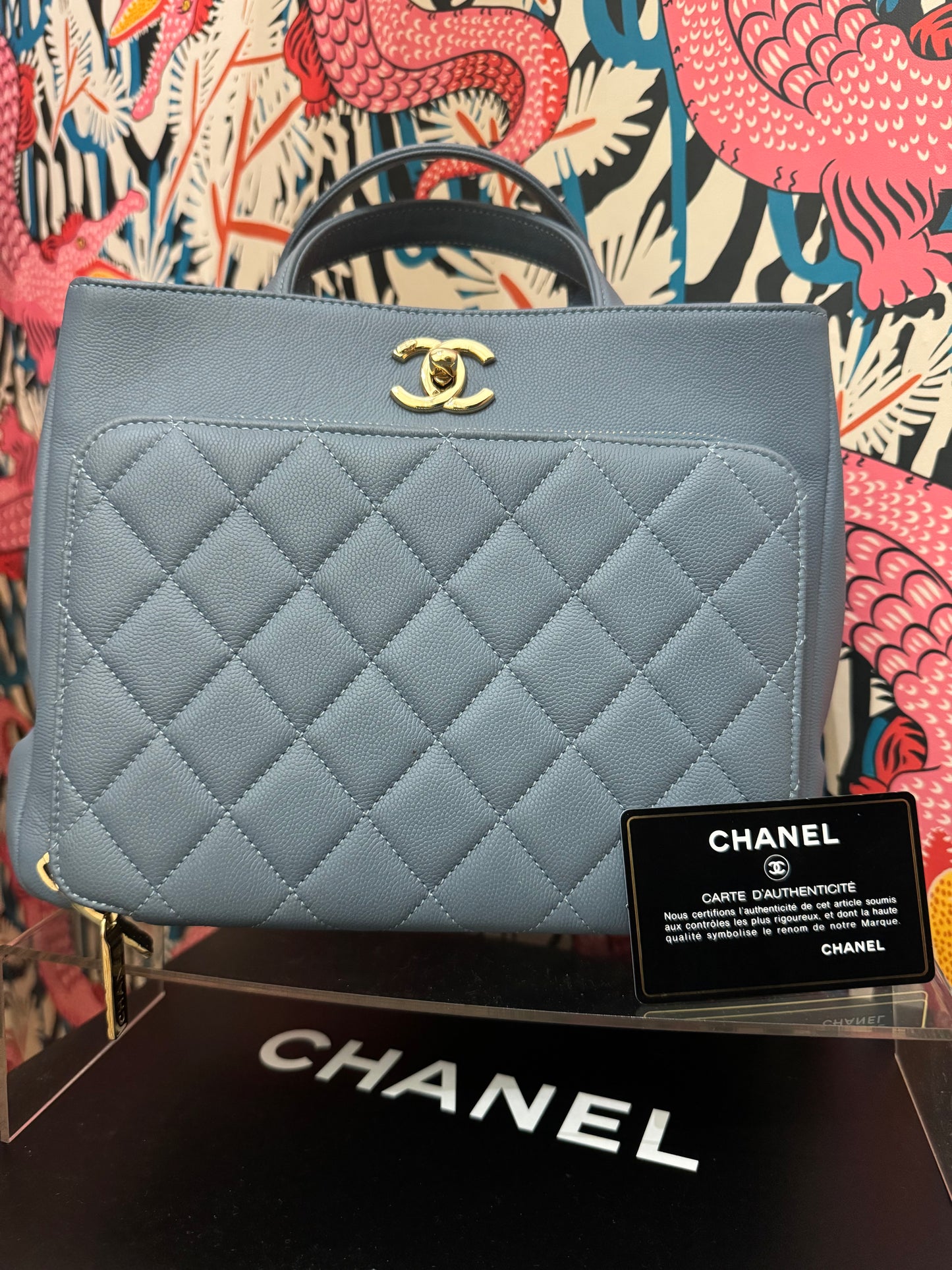 New CHANEL Quilted Business Affinity Baby Blue Caviar Tote Shoulder Bag