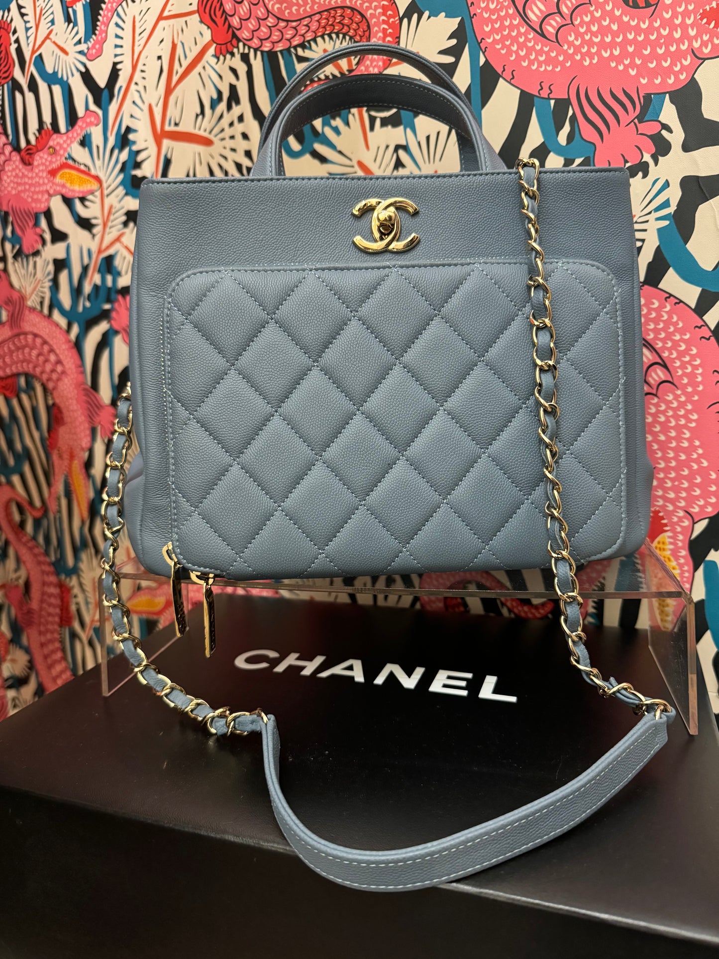 New CHANEL Quilted Business Affinity Baby Blue Caviar Tote Shoulder Bag