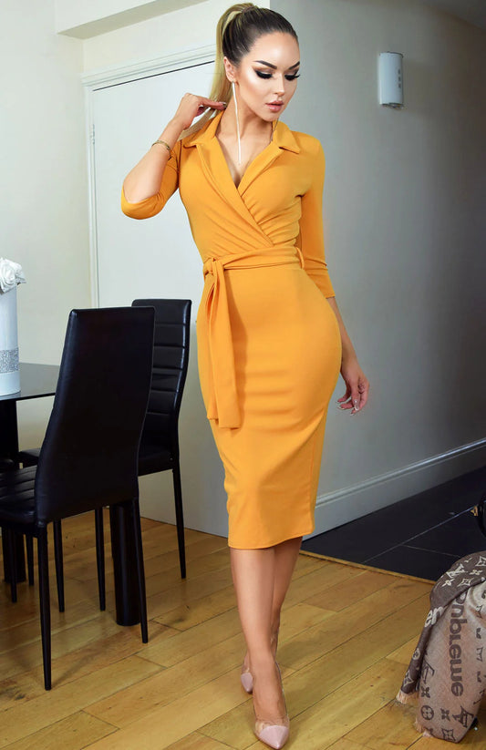 Nadia Collared Front Wrap Midi Dress